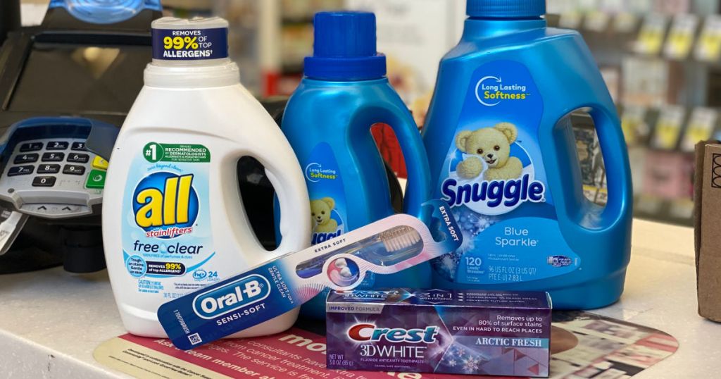 toothpaste, toothbrush and laundry products on shelf