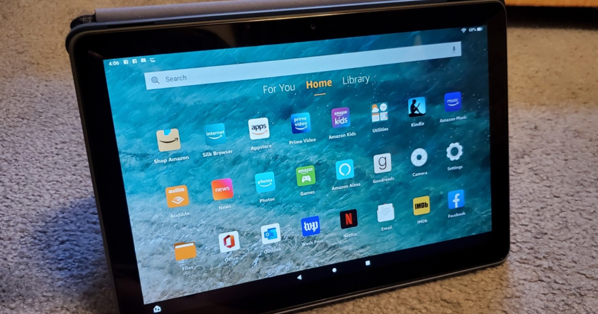 amazon fire 10 plus tablet open and on
