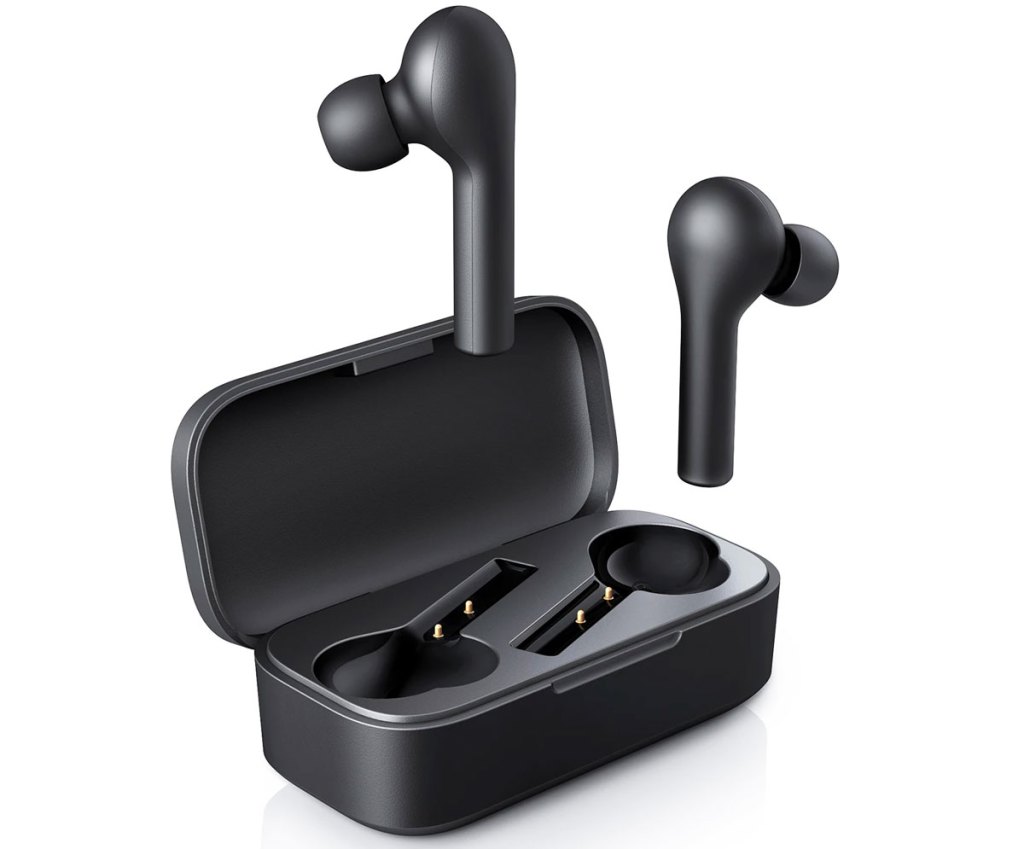 black wireless earbuds and charging case