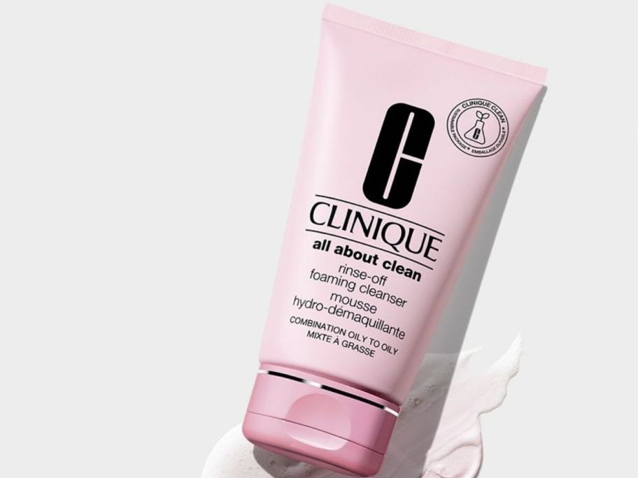 pink bottle of Clinique All About Clean Rinse-Off Foaming Face Cleanser