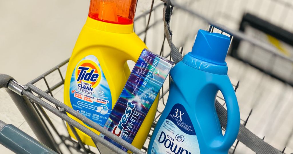 toothpaste and laundry items in basket 