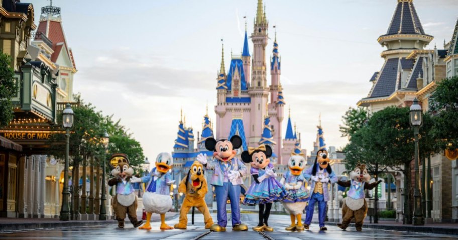 Characters in front of castle at Walt Disney World