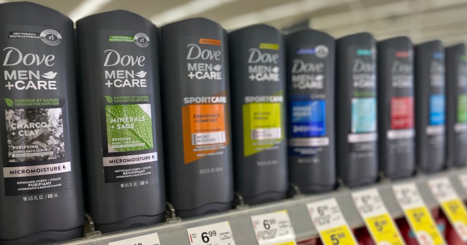 grey bottles of men's body wash on shelf