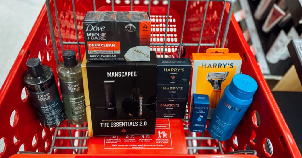 men's shave products in red basket 
