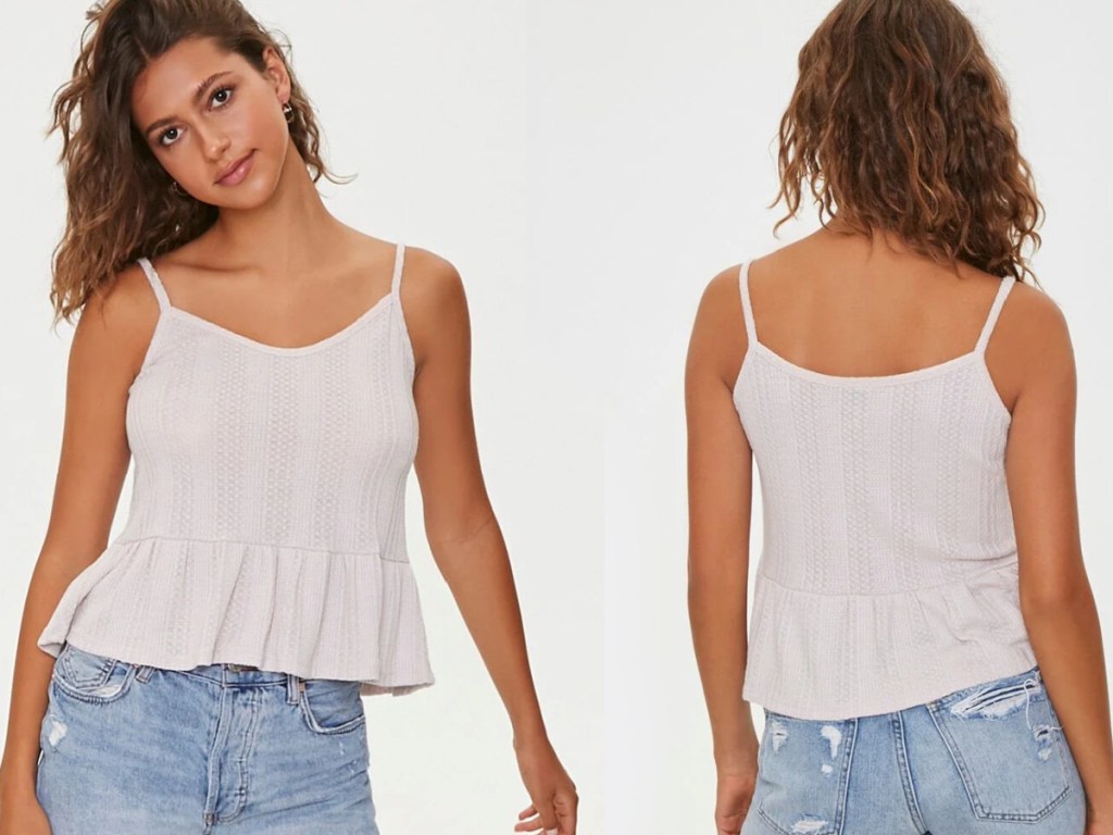 front and back view of a woman wearing a knitted tank top