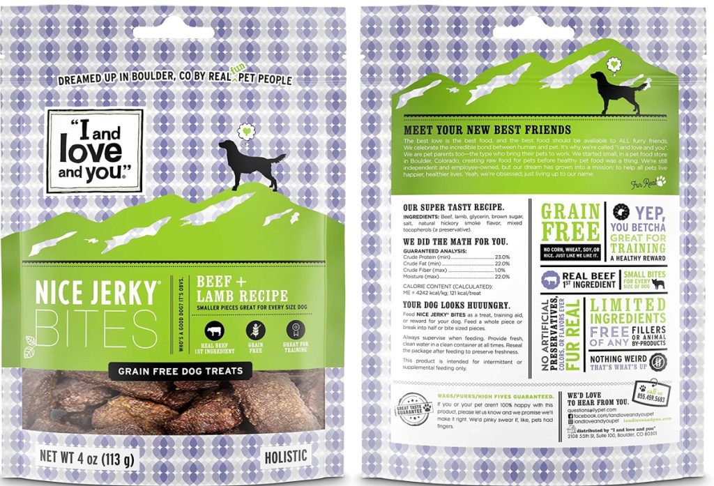 front and back view of a dog bag of treats