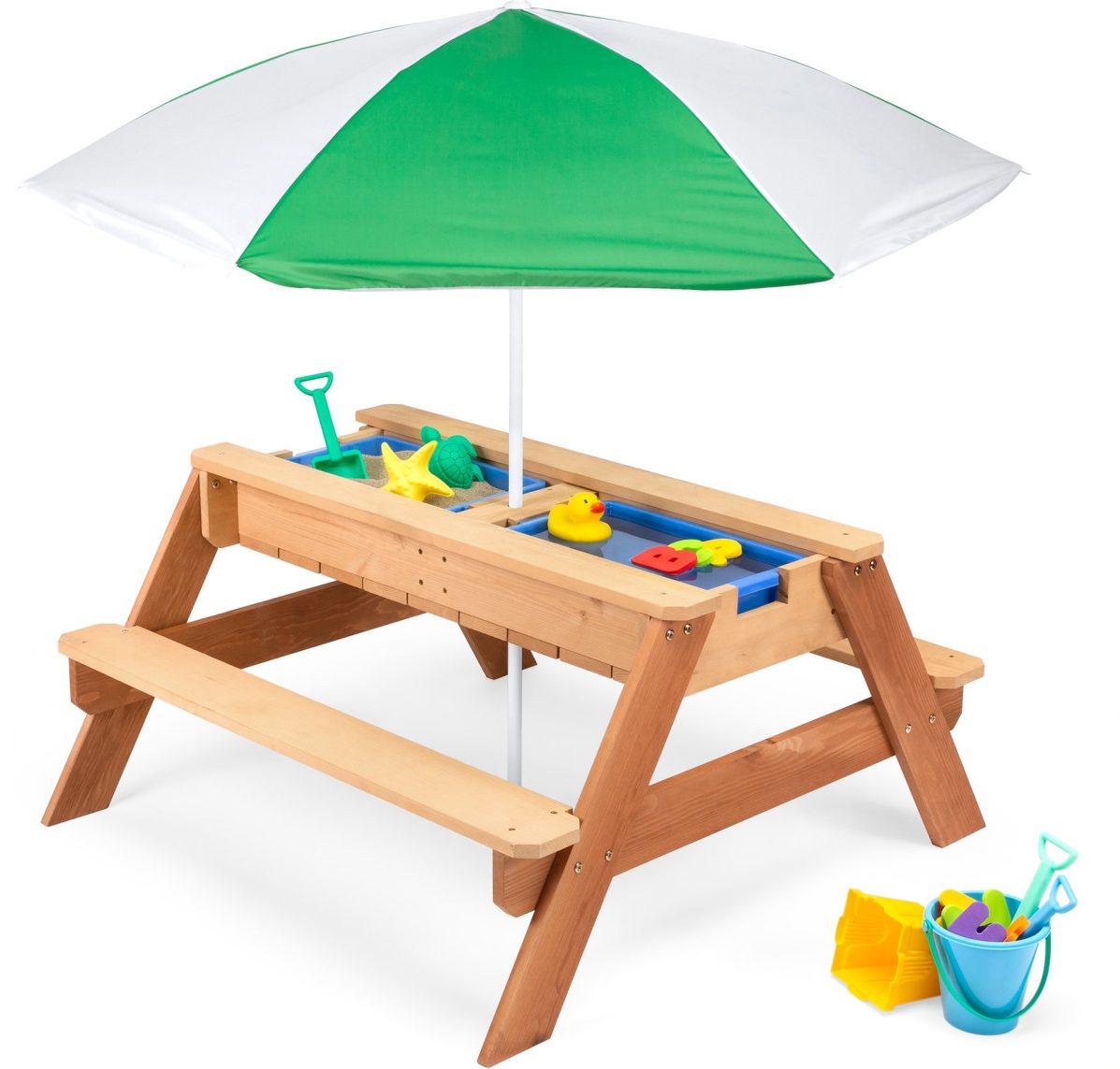 kids picnic table with white and green umbrella