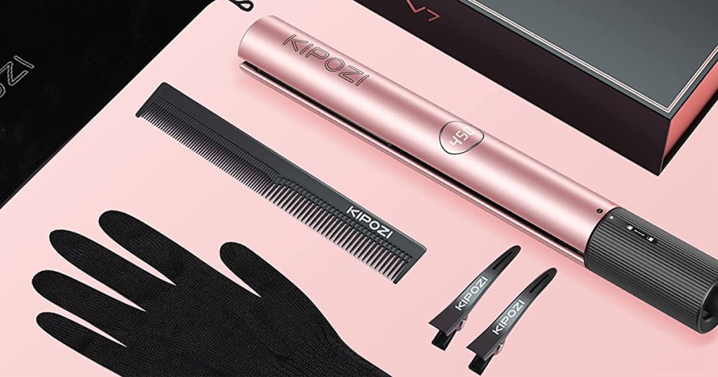 pink hair straightener and accessories