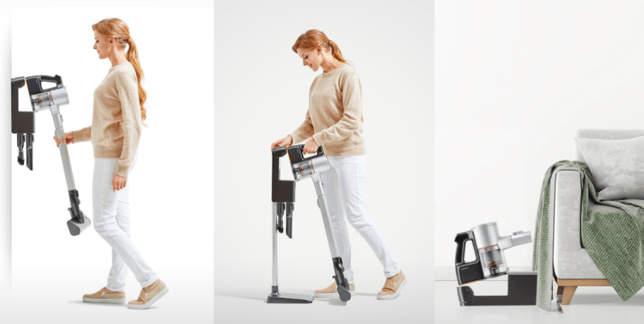 three images of woman using a vacuum