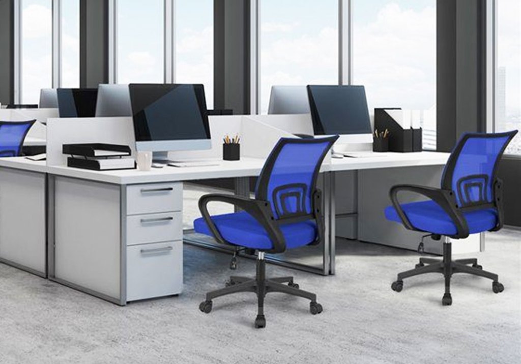 blue office chairs at desks in office
