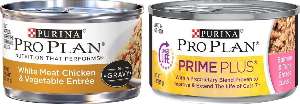two cans of Purina Pro Plan Cat Food Cans