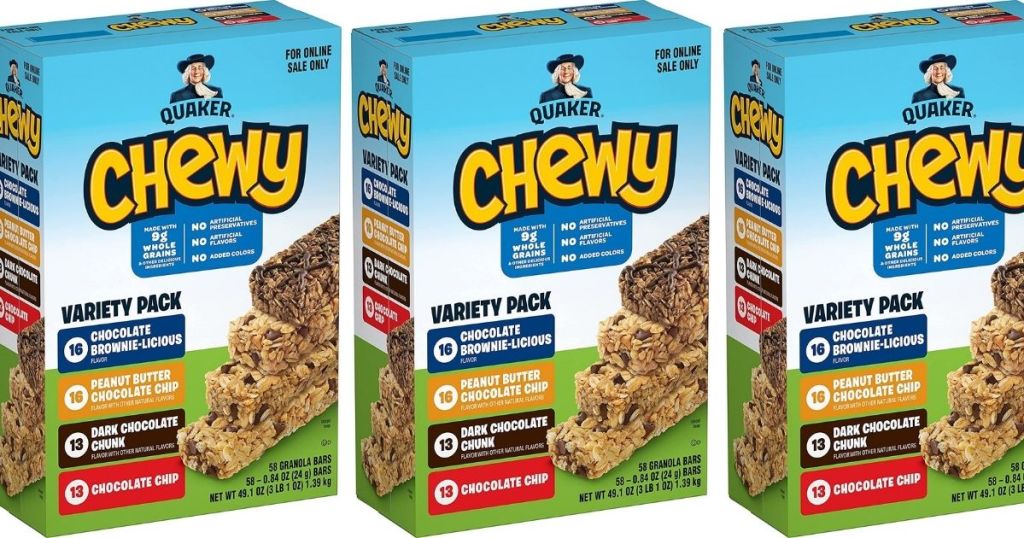 three boxes of Quaker chewy bars
