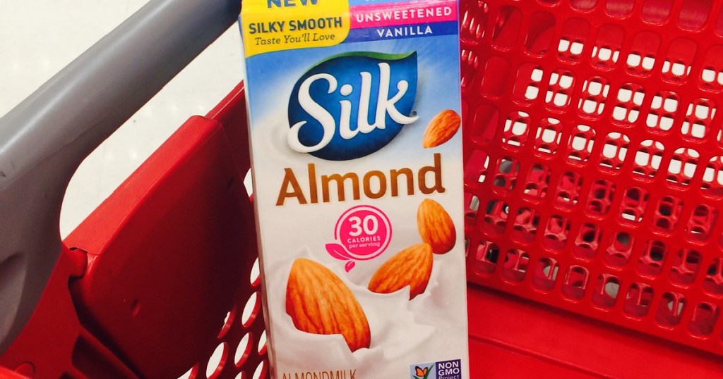 container of silk almond milk in a target shopping cart