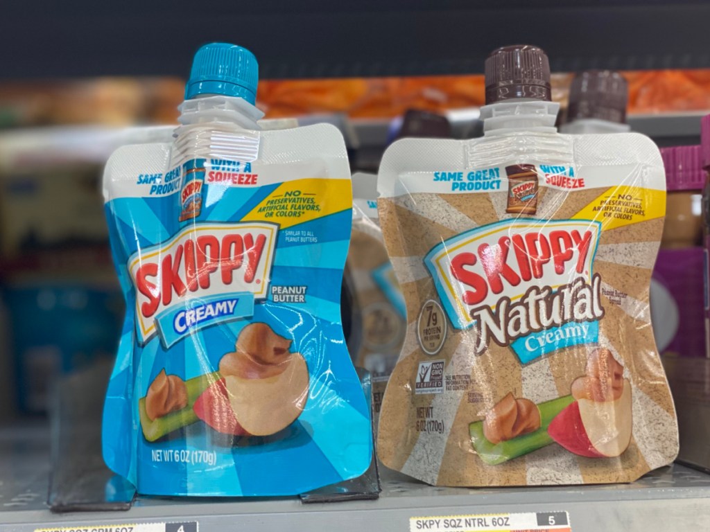 pouches of squeezable peanut butter on display in-store