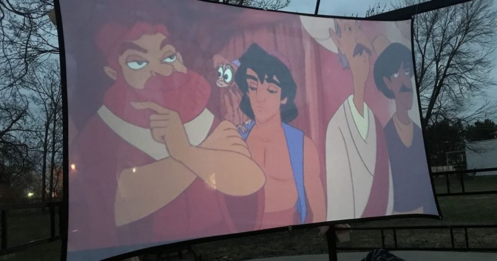 projection screen with Aladdin on it