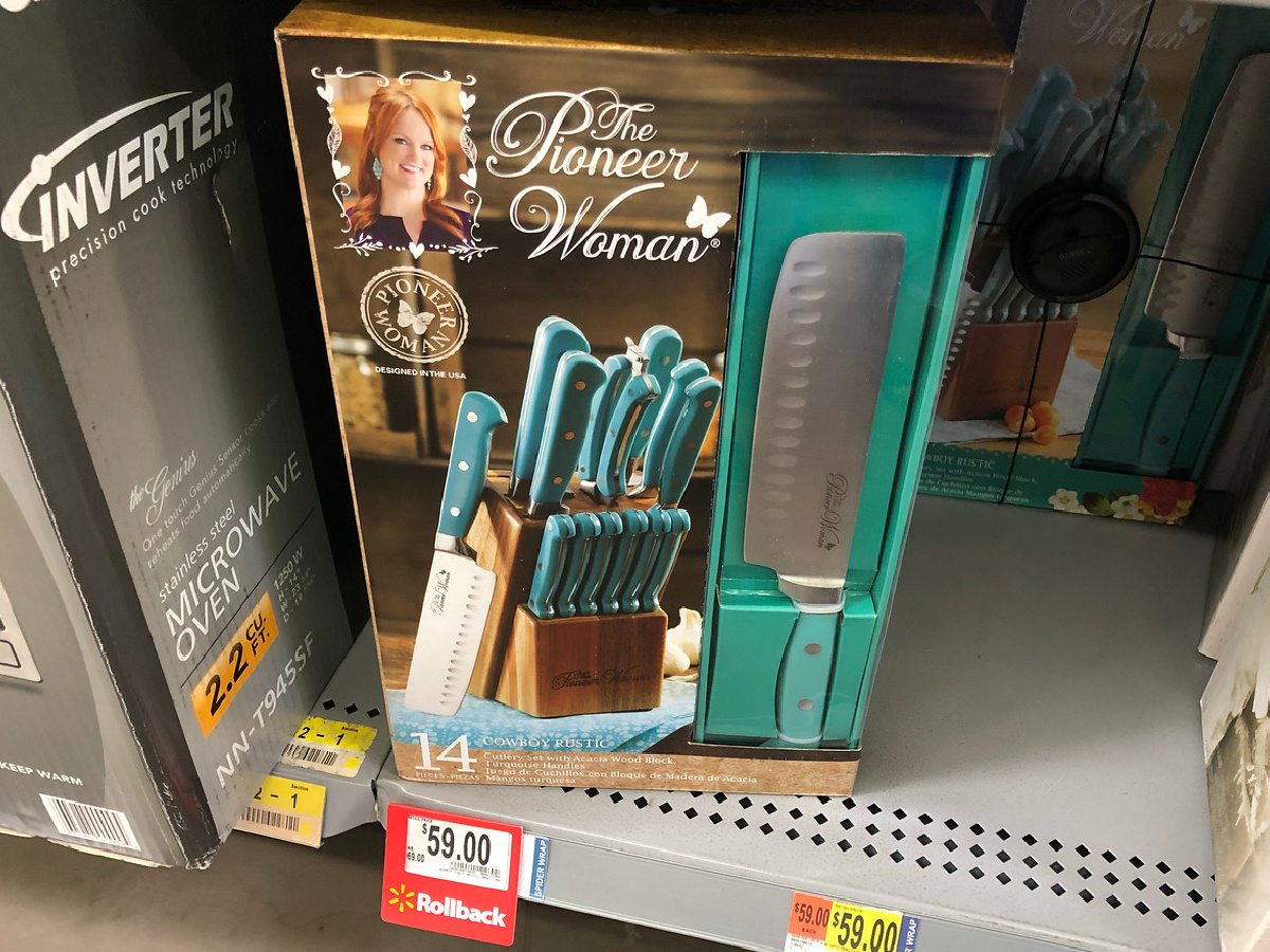 pioneer woman knife block set on display on a walmart shelf
