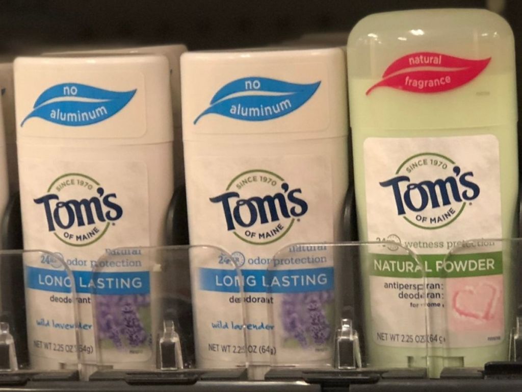 3 tom's of maine deodorant on store shelf
