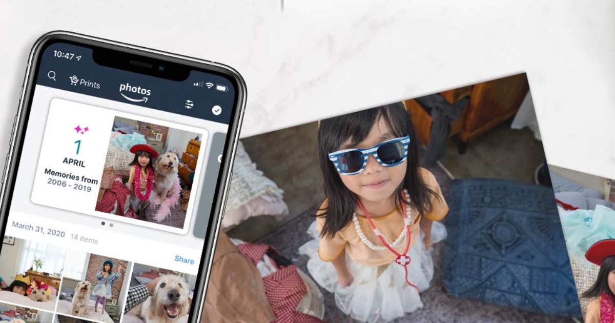 Amazon photo app on phone next to photograph