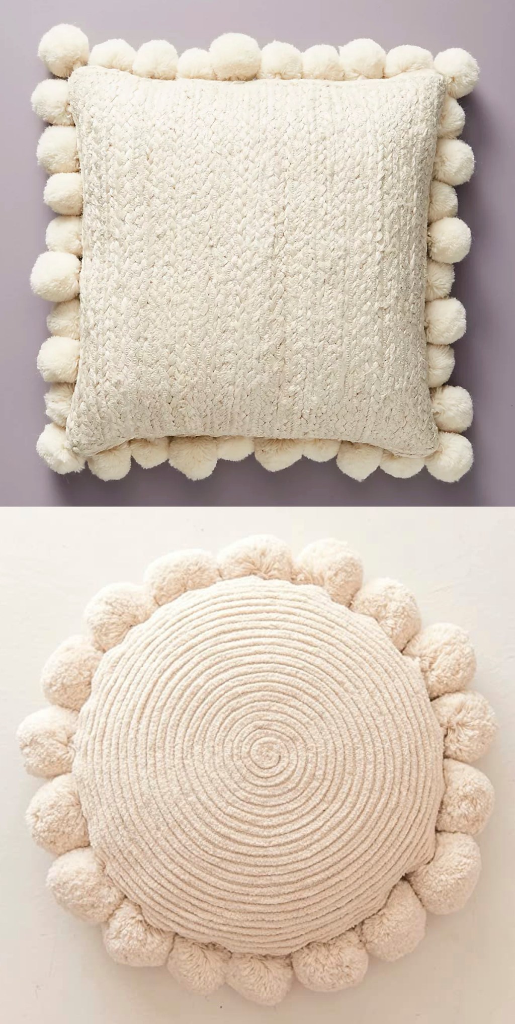 two cream colored pom pom boho pillows with purple and white backgrounds