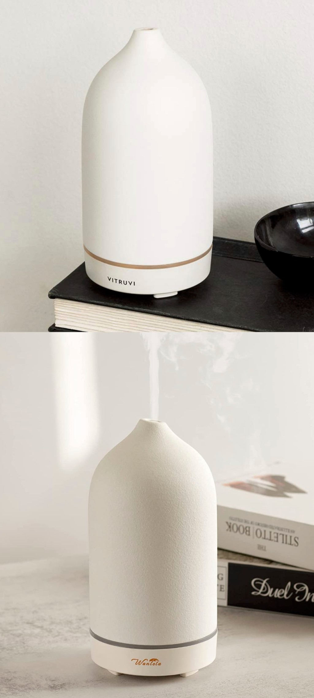 two white ceramic stone essential oils diffusers with books