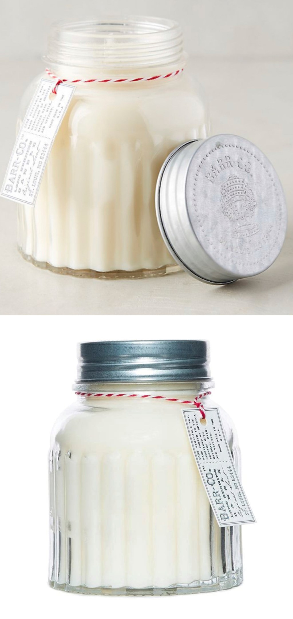 two cream colored glass jar candles with brand tag and christmas string