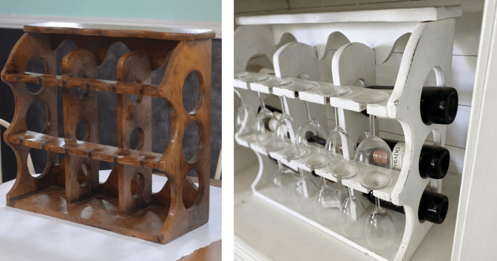 before and after upcycled thrift store wine rack