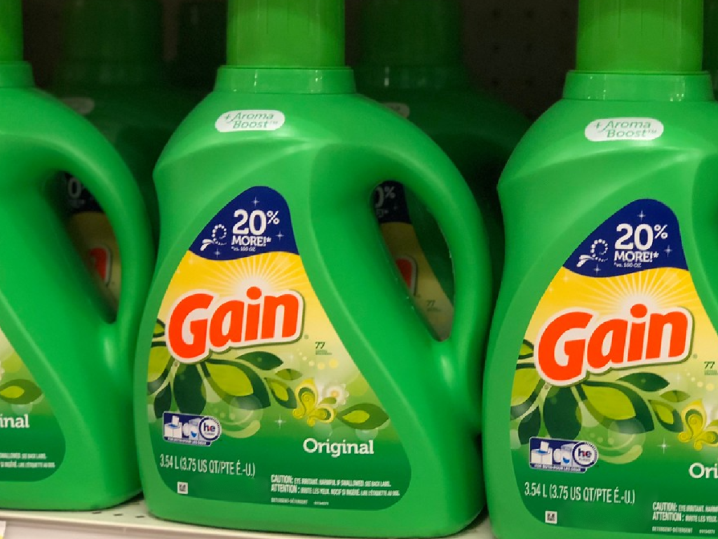 bottles of gain laundry detergent on store shelf