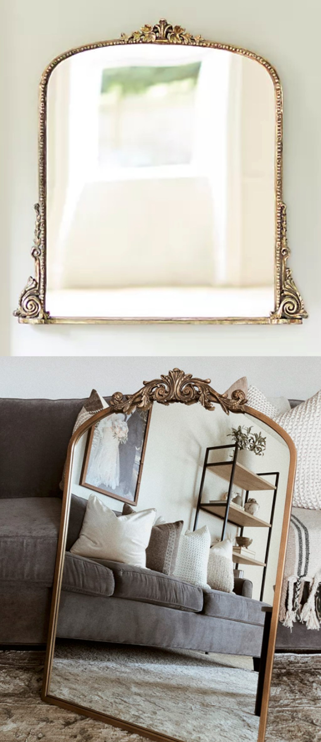 two gold antique mirrors with reflections on glass