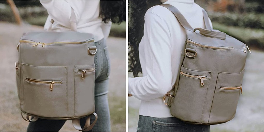 woman showing different ways to use leather bookbag diaper bag