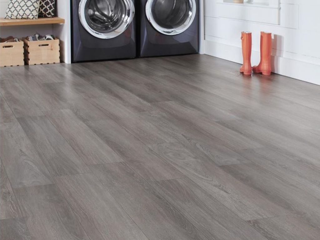 gray laminate flooring in laundry room