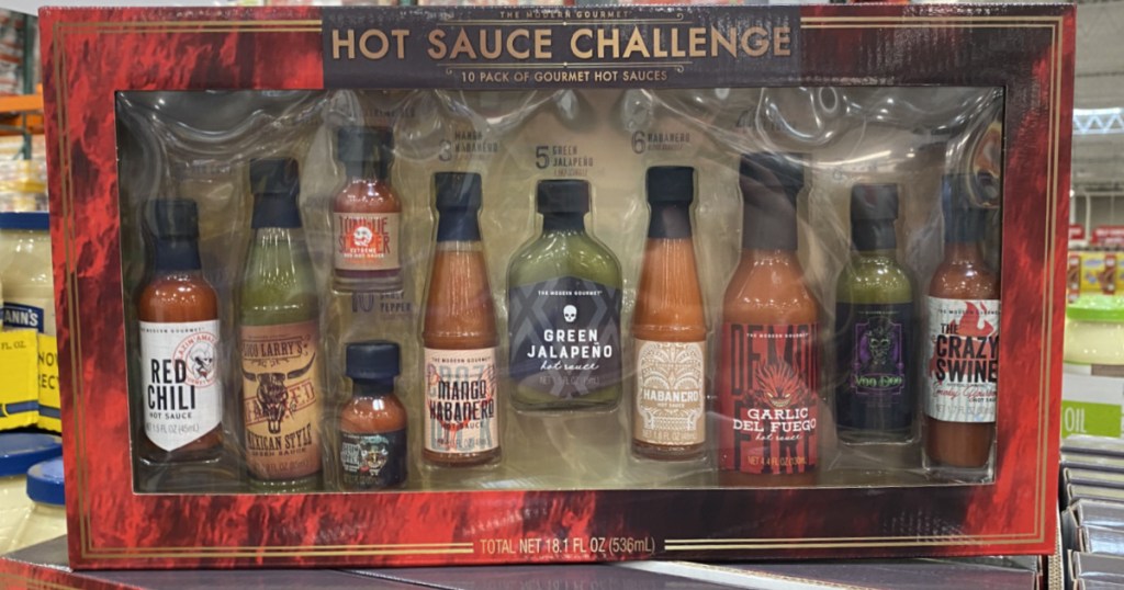 box of several varieties of hot sauce