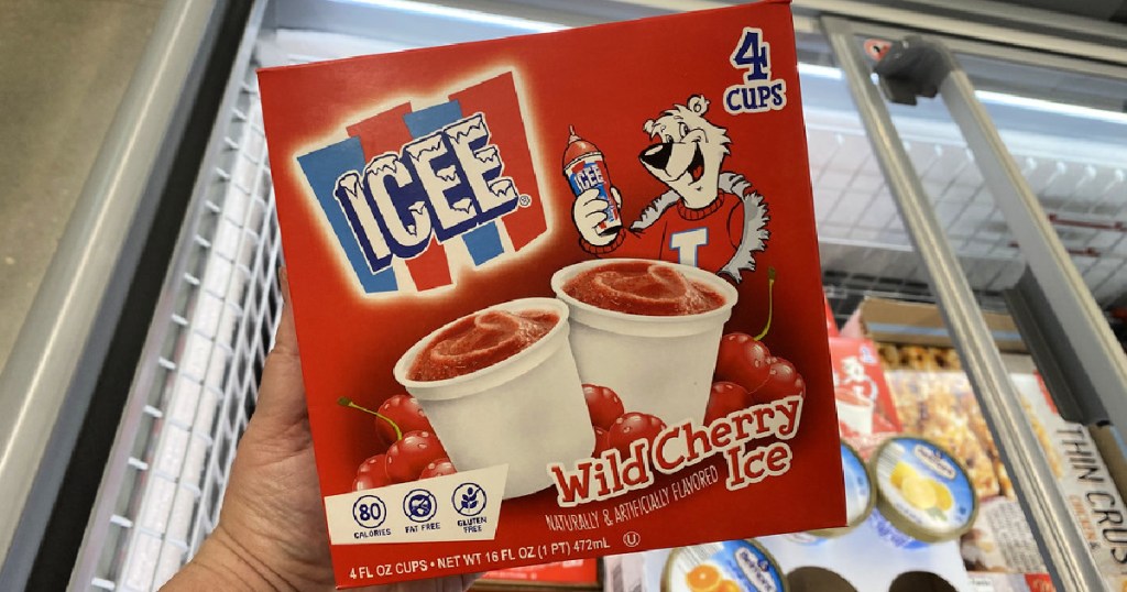 hand holding up a box of wild cherry icee cups