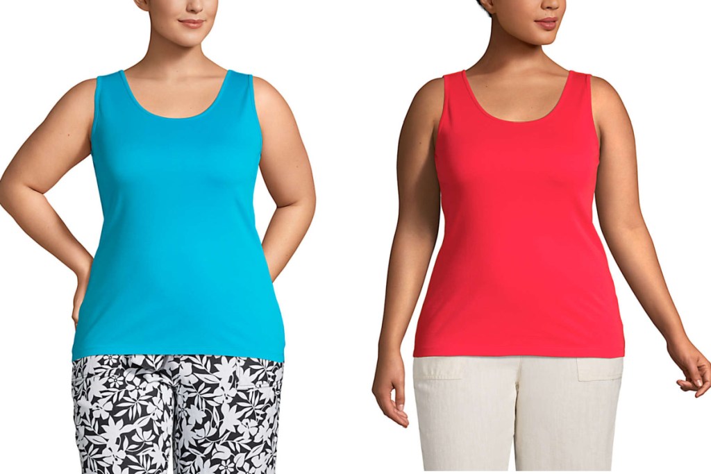 women wearing blue and red tank tops