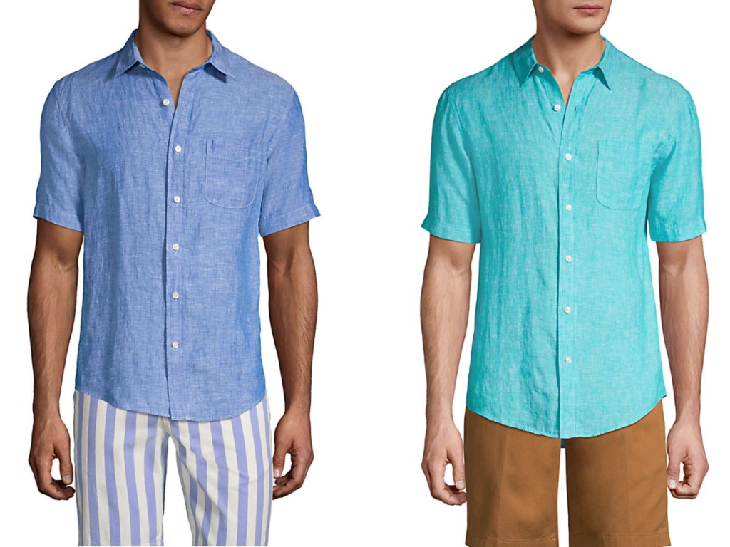 men wearing denim and teal button-up short sleeve tops