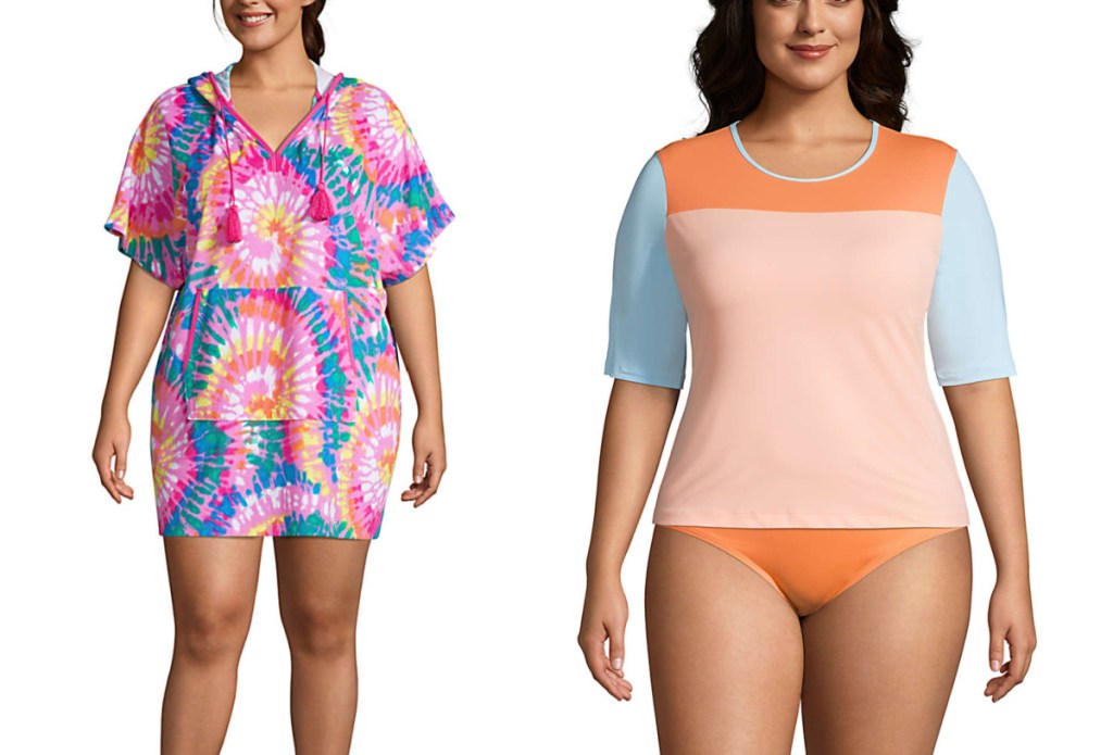 woman wearing colorful swim cover-up and swimsuit