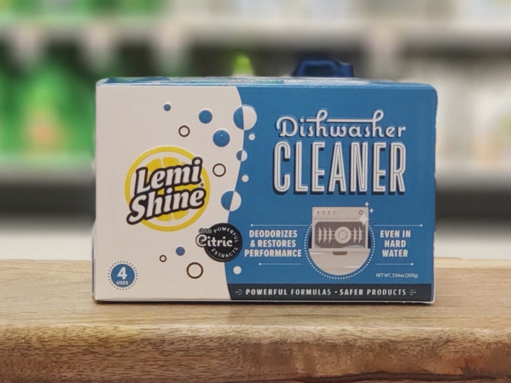 box of dishwasher cleaner in store