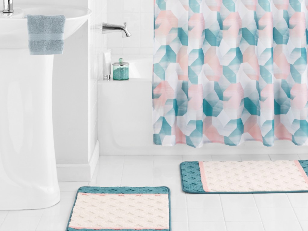 pink and blue bathroom curtain set