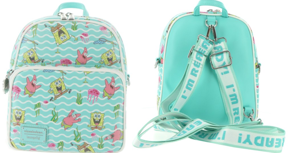 turquoise backpack showing front and back on white background