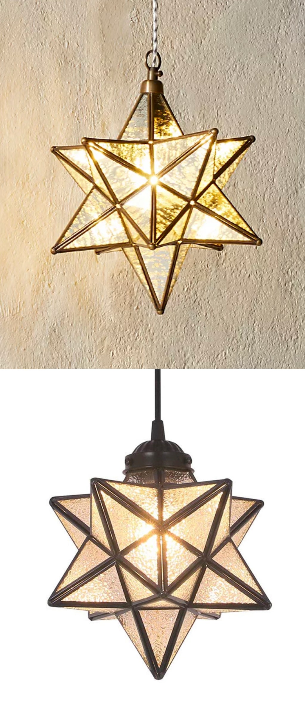 gold and bronze star pendant lights with yellow lights on inside
