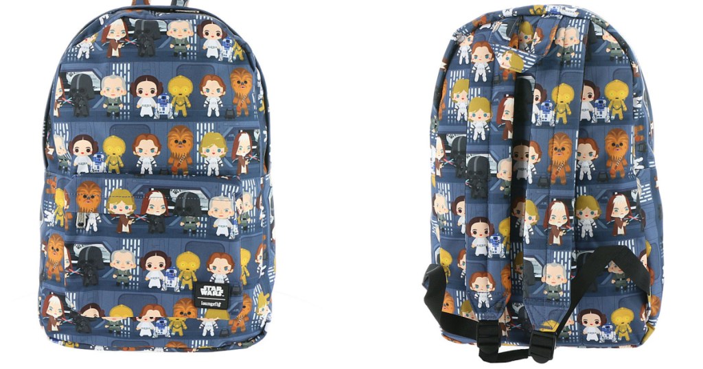 front and back view of dark blue back pack with Star Wars figures on it