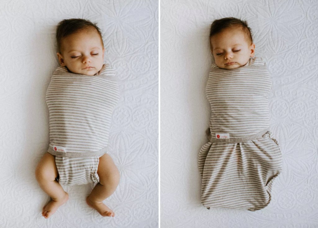 sleeping baby wearing swaddle two different ways