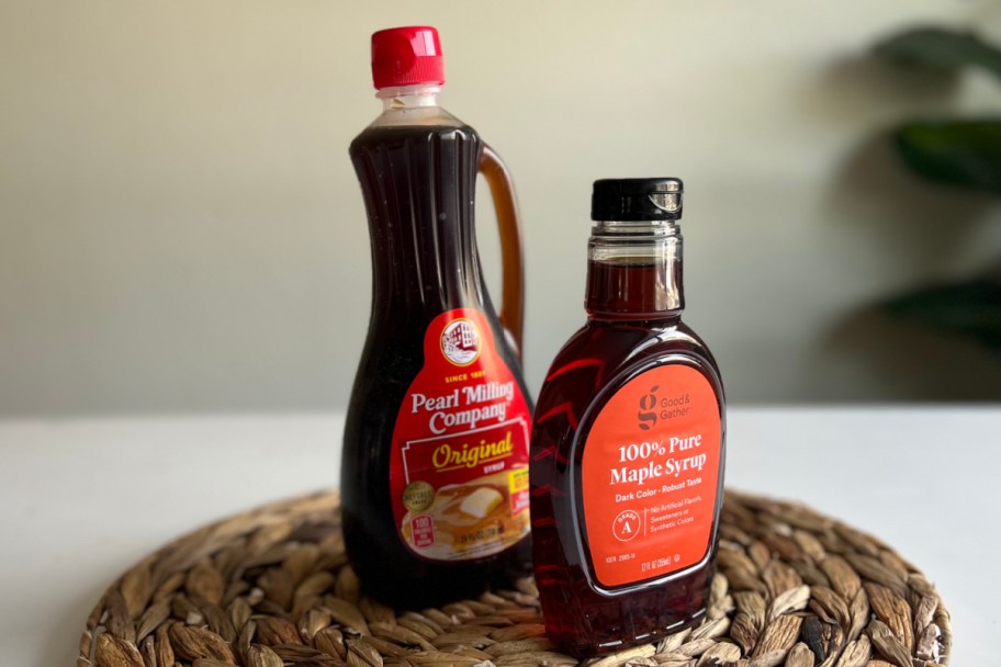 two maple syrup bottles