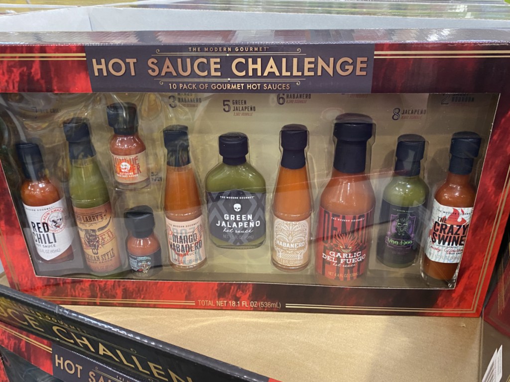 package in store filled with hot sauce varieties