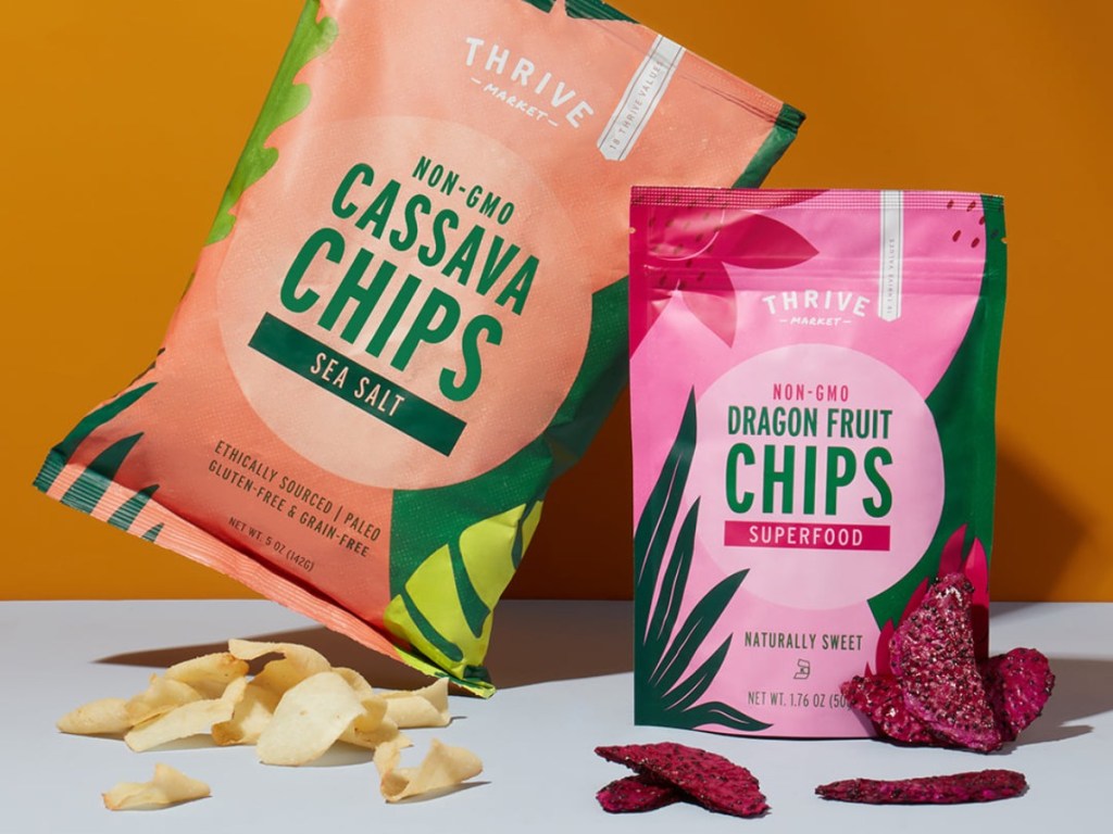 bags of cassava and dragon fruit chips