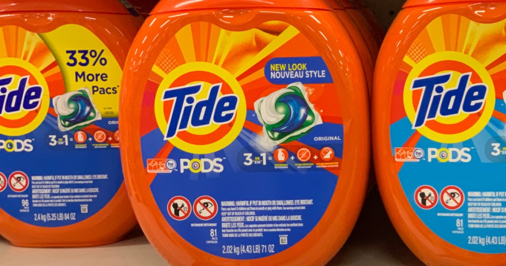 big containers of Tide pods on store shelf