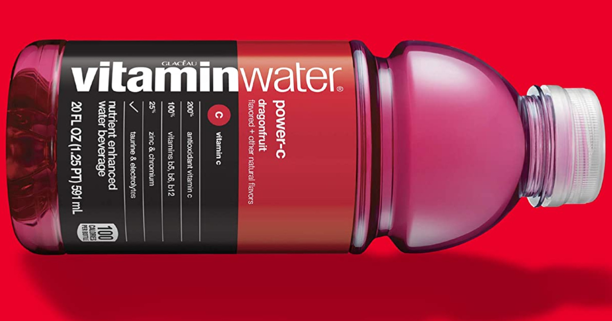 vitaminwater power-c bottle in front of a red background