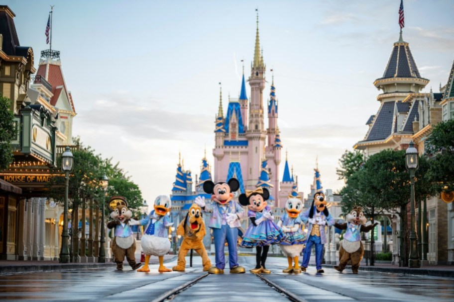 Characters in front of castle at Walt Disney World