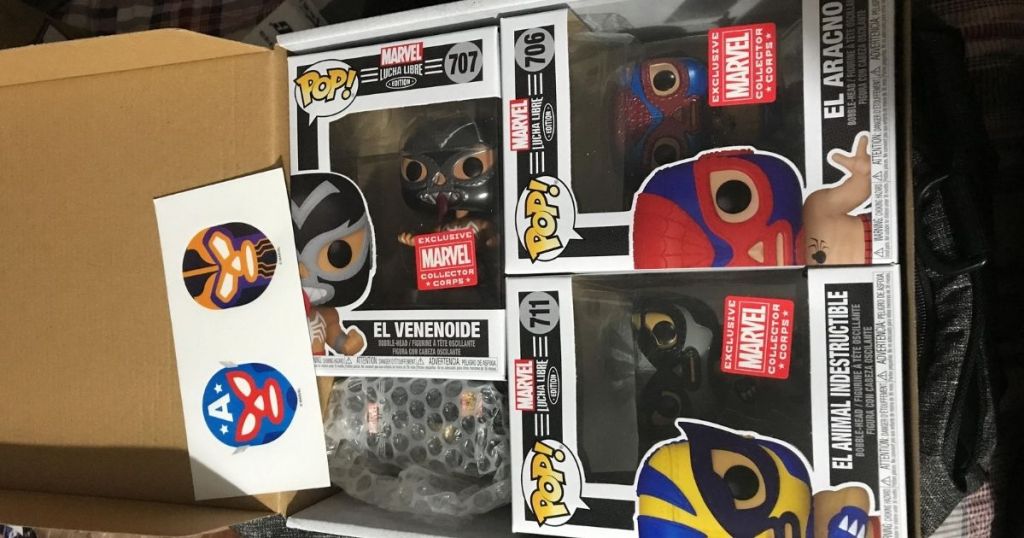 box of Marvel Funko Pops