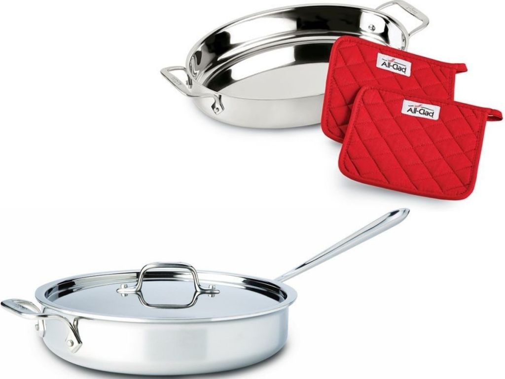 All-Clad Pan with lid and roaster with potholders