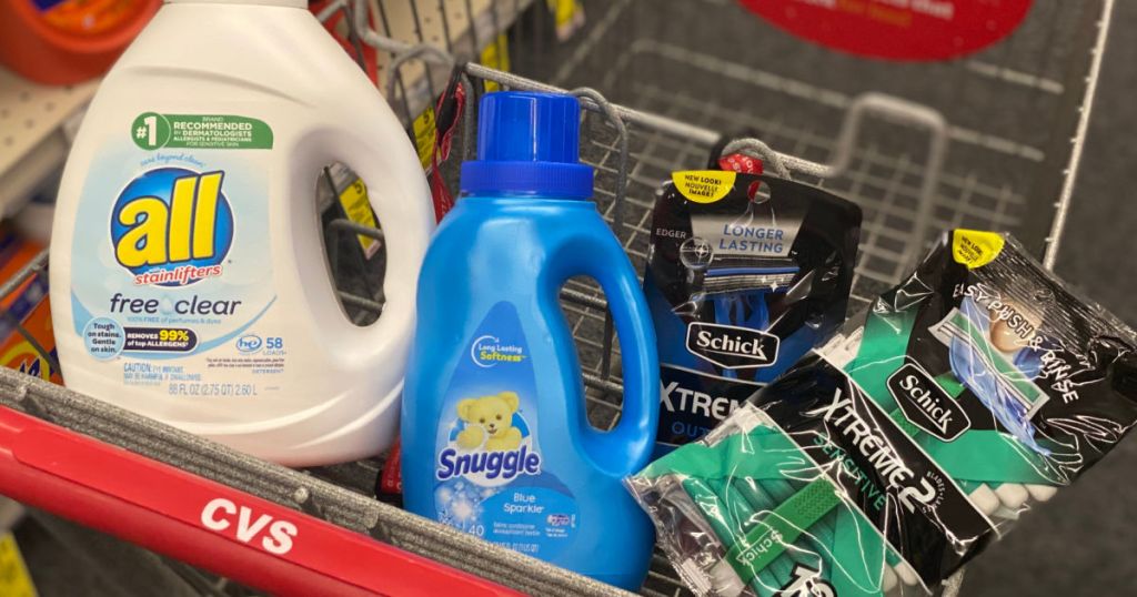 laundry detergent and razors in cart